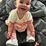 Evalynn joined the competition — help win amazing prizes! baby, child, smiling, dress, pink, white, shoes, socks, sitting, blanket, quilt, happy, cute, indoors, person, infant, footwear, clothing, portrait, young
