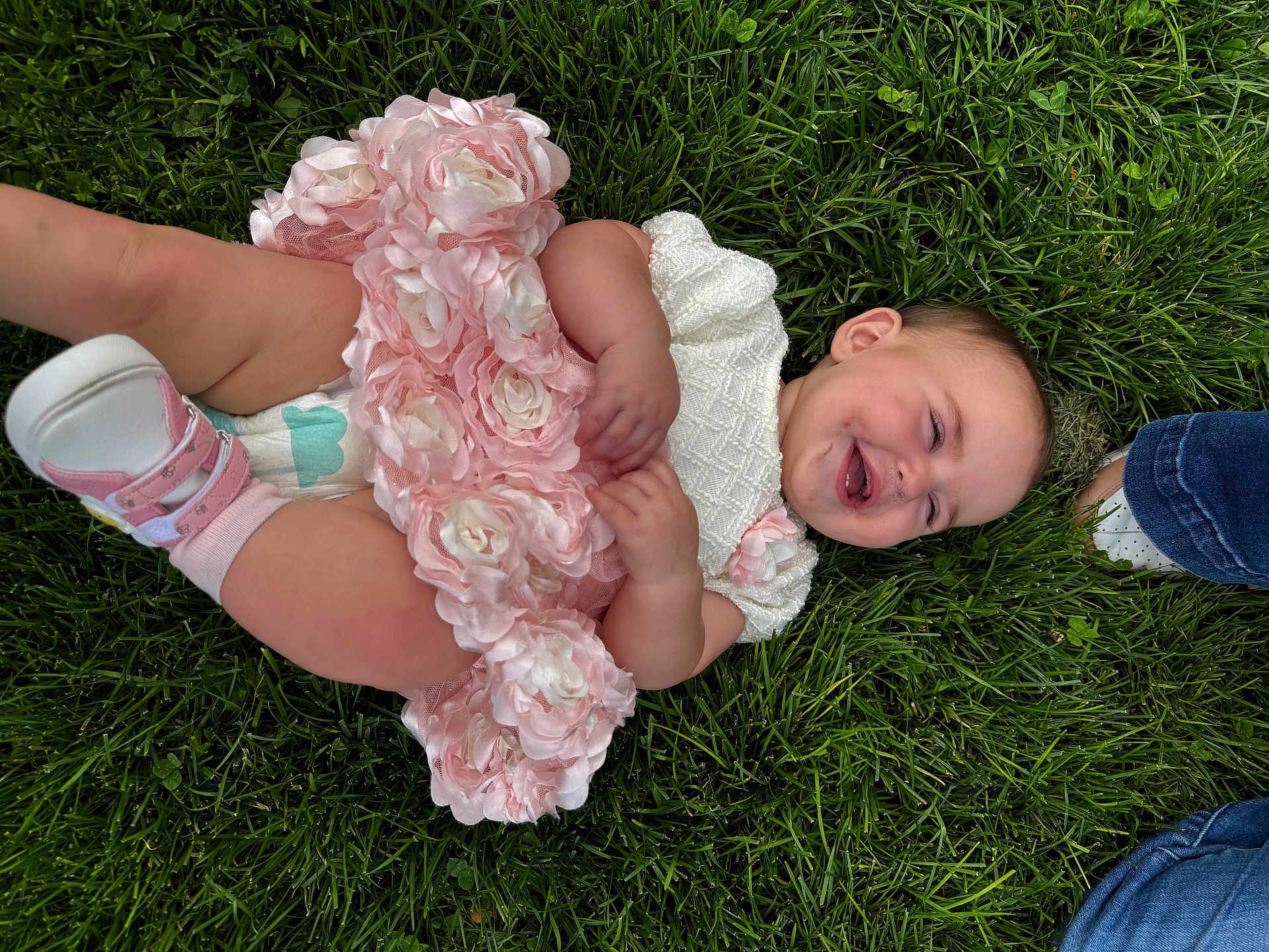 Evalynn is registered to the contest to win money with this photo: baby, child, grass, smiling, happy, outdoor, dress, pink, white, flower, footwear, candid, infant, toddler, nature, cute, joyful, laying, summer, playful