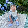 baby, child, girl, outdoor, flower, hydrangea, greenery, blanket, headband, bow, bib, grass, plants, sitting, cute, portrait, nature, garden, white_socks, clothing
