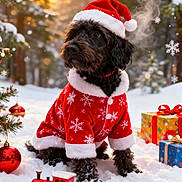 Bailey joined the competition — help win amazing prizes! dog, black_dog, santa_hat, santa_outfit, snow, christmas, christmas_tree, christmas_ornament, toy_train, gift_box, red, winter, holiday, festive, outdoor, pine_tree, snowflakes, sunset, animal, pet
