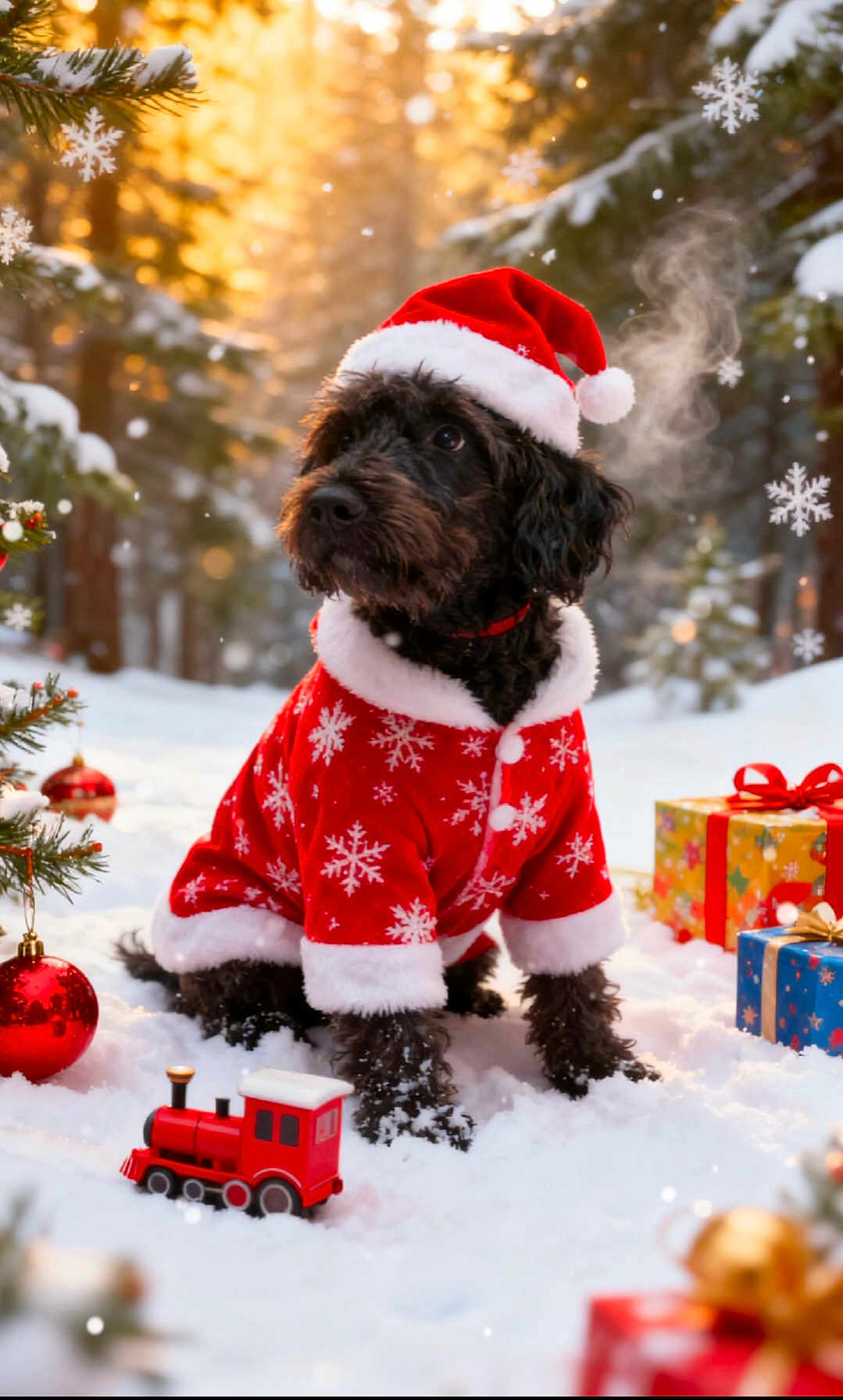Bailey joined the competition — help win amazing prizes! dog, black_dog, santa_hat, santa_outfit, snow, christmas, christmas_tree, christmas_ornament, toy_train, gift_box, red, winter, holiday, festive, outdoor, pine_tree, snowflakes, sunset, animal, pet