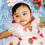Eliana is registered to the contest to win money with this photo: baby, child, infant, dress, pink, sequins, strawberry, headband, bow, smile, lace, blanket, cute, happy, portrait, toddler, fashion, adorable, closeup, face