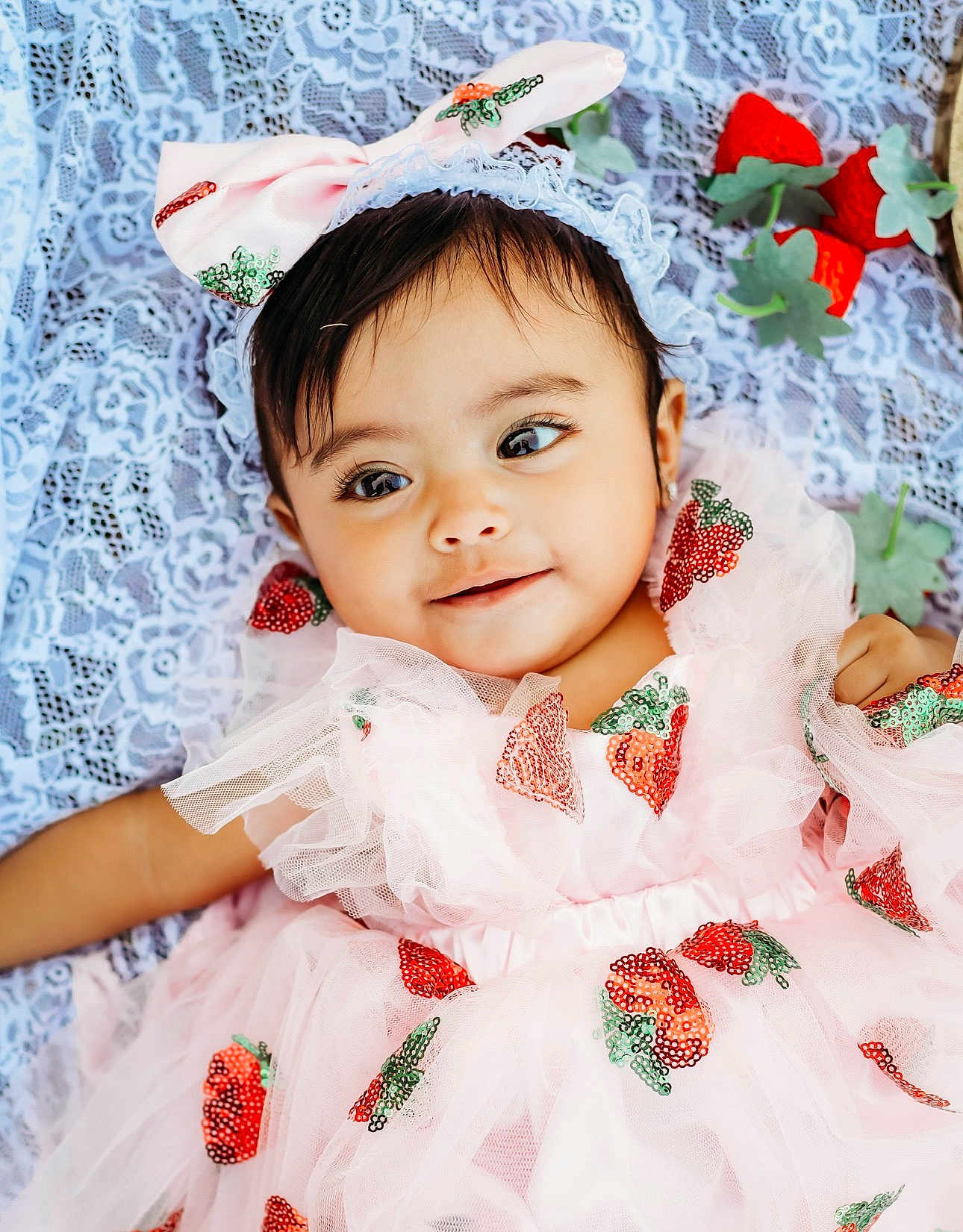 Eliana is registered to the contest to win money with this photo: baby, child, infant, dress, pink, sequins, strawberry, headband, bow, smile, lace, blanket, cute, happy, portrait, toddler, fashion, adorable, closeup, face