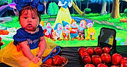 Celine is registered to the contest to win money with this photo: baby, child, costume, snow_white, apples, mirror, basket, table, forest_background, animated_characters, seven_dwarfs, yellow_tutu, blue_top, headband, ribbon, portrait, indoor, colorful, cute, smiling
