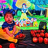 baby, child, costume, snow_white, apples, mirror, basket, table, forest_background, animated_characters, seven_dwarfs, yellow_tutu, blue_top, headband, ribbon, portrait, indoor, colorful, cute, smiling