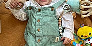 Evan a rejoint le concours — aidez-le/la à gagner de superbes lots ! baby, smiling, romper, white_shirt, wooden_ring, pacifier_clip, toy, blanket, floor, foot, happy, indoor, child, cute, infant, playtime, colorful, soft_toys, face, skin