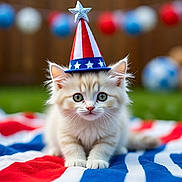 Furball joined the competition — help win amazing prizes! animal, blanket, cat, celebration, cute, decorations, ears, eyes, fluffy, grass, kitten, outdoor, party_hat, patriotic, pet, portrait, red_white_blue, small, whiskers, young
