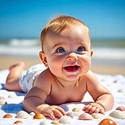Lilly joined the competition — help win amazing prizes! baby, smiling, blue_eyes, towel, seashells, beach, ocean, sky, sunny, happy, infant, bare_chest, outdoor, summer, cute, portrait, child, nature, relaxation, playful