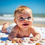 baby, smiling, blue_eyes, towel, seashells, beach, ocean, sky, sunny, happy, infant, bare_chest, outdoor, summer, cute, portrait, child, nature, relaxation, playful
