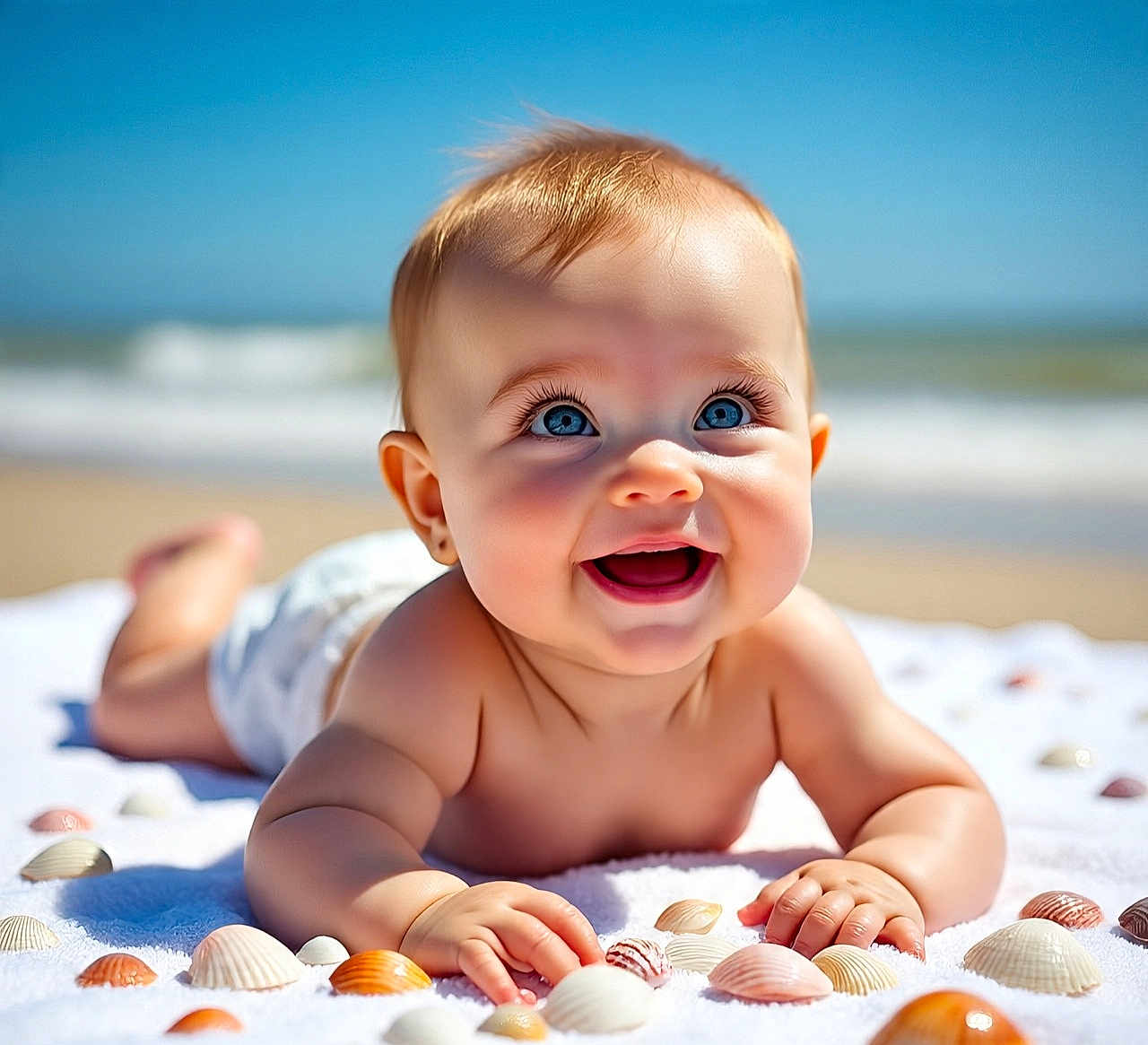 Lilly joined the competition — help win amazing prizes! baby, smiling, blue_eyes, towel, seashells, beach, ocean, sky, sunny, happy, infant, bare_chest, outdoor, summer, cute, portrait, child, nature, relaxation, playful
