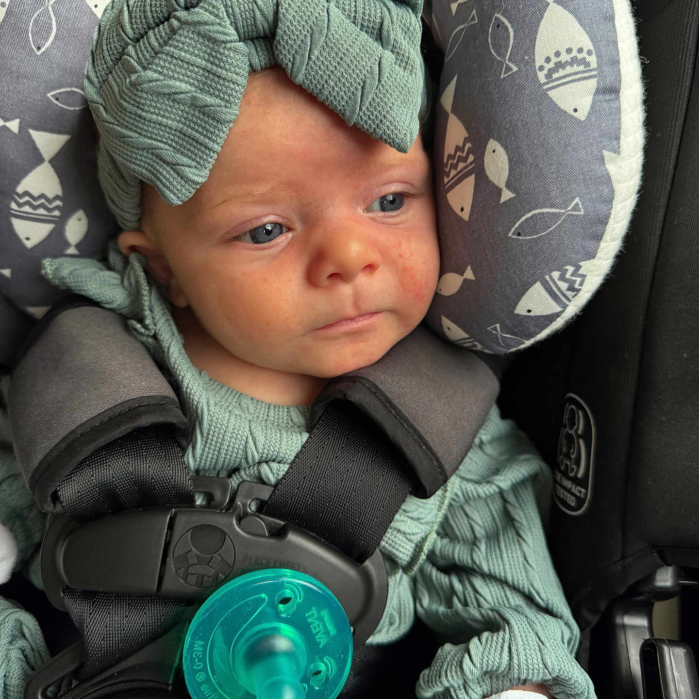 Lynette is registered to the contest to win money with this photo: baby, baby_clothes, calm, car_seat, child, child_safety, cushion, cute, fish_pattern, green_clothing, headband, indoors, infant, knitwear, pacifier, portrait, safety_harness, seatbelt, small_hands, young_child