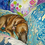 Rudy is registered to the contest to win money with this photo: watercolor, painting, dog, brown_dog, couch, patterned_couch, floral_pattern, colorful_background, trees, flowers, artwork, illustration, animal, resting_dog, indoor, decor, nature, fantasy, artistic, creative