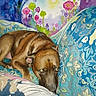 watercolor, painting, dog, brown_dog, couch, patterned_couch, floral_pattern, colorful_background, trees, flowers, artwork, illustration, animal, resting_dog, indoor, decor, nature, fantasy, artistic, creative