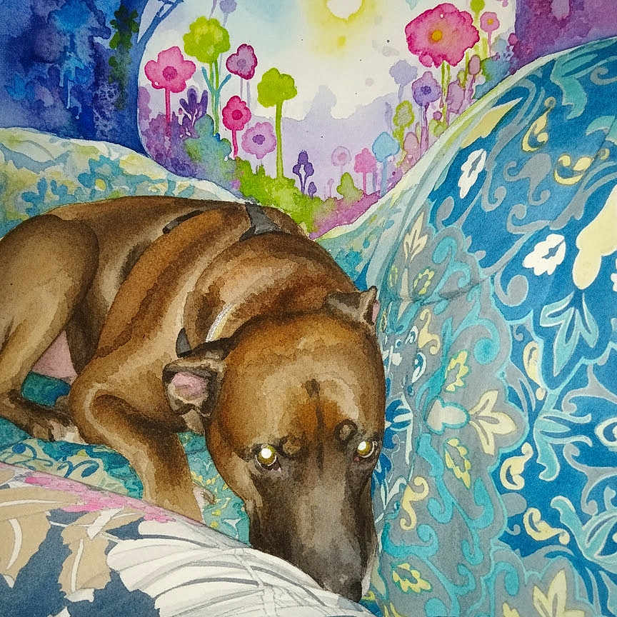 Rudy is registered to the contest to win money with this photo: watercolor, painting, dog, brown_dog, couch, patterned_couch, floral_pattern, colorful_background, trees, flowers, artwork, illustration, animal, resting_dog, indoor, decor, nature, fantasy, artistic, creative