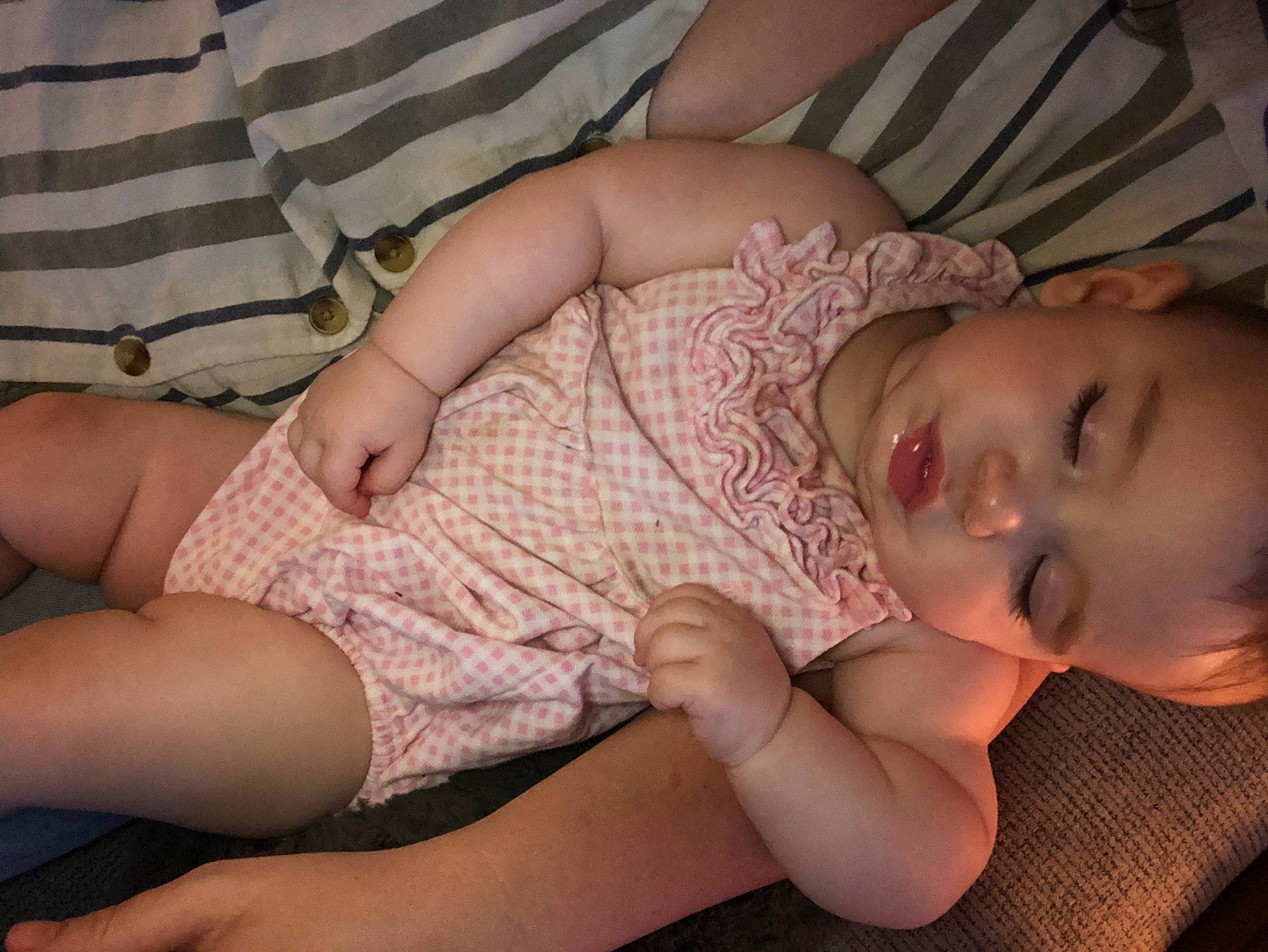 Calliope is registered to the contest to win money with this photo: baby, baby_toddler_clothing, cheek, child, comfort, eye, finger, human_body, iris, lip, mouth, muscle, nail, nose, pattern, person, skin, smile, textile, thigh