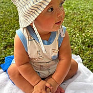Emmanuel joined the competition — help win amazing prizes! baby, child, hat, striped_hat, contact_lens_case, outdoor, grass, towel, sitting, curious, cute, summer, sun_hat, infant, portrait, cross_legged, baby_clothes, close_up, daylight, nature