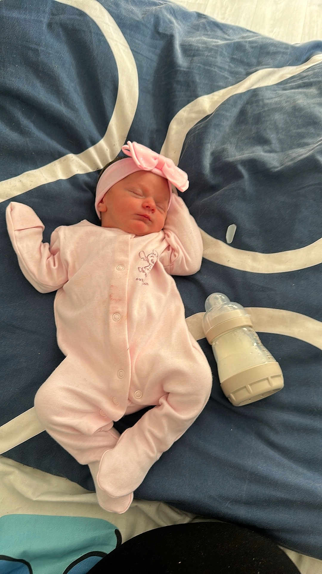 Harper joined the competition — help win amazing prizes! baby, newborn, sleeping, pink_clothing, headband, milk_bottle, blanket, bed, infant, peaceful, cute, soft, indoors, rest, child, portrait, cozy, toddler, lying_down, comfort