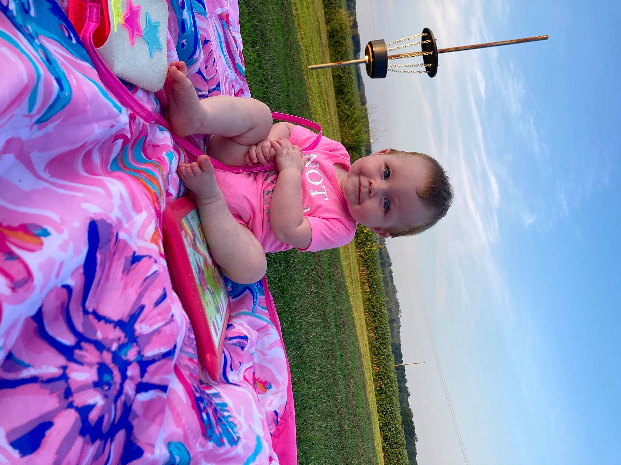 Lyra joined the competition — help win amazing prizes! baby, child, cloud, dress, event, fun, grass, happy, joy, leisure, magenta, pattern, people_in_nature, person, pink, recreation, sky, smile, summer, toddler