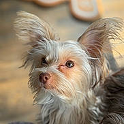 Toto And Casper is registered to the contest to win money with this photo: dog, small_dog, pet, fur, close_up, portrait, ears, nose, whiskers, brown_eyes, cute, domestic_animal, long_hair, cozy, indoor, shallow_depth_of_field, blurred_background, muzzle, looking_up, companion