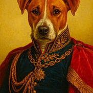 Jonas joined the competition — help win amazing prizes! dog, portrait, regal, uniform, military, costume, red_cape, gold_embroidery, decorative_chain, serious_expression, brown_dog, white_markings, historical_style, formal, indoor, studio_lighting, animal_portrait, elegant, decorative, close_up