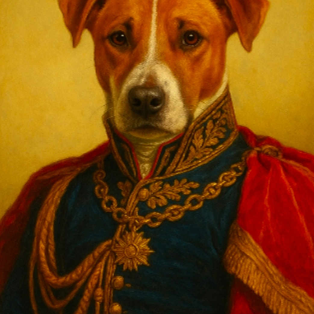 Jonas joined the competition — help win amazing prizes! animal_portrait, brown_dog, close_up, costume, decorative, decorative_chain, dog, elegant, formal, gold_embroidery, historical_style, indoor, military, portrait, red_cape, regal, serious_expression, studio_lighting, uniform, white_markings