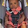 baby, black_shoes, bracelet, car_seat, child, closeup, coral_outfit, cute, earring, expression, feet, hands, indoor, infant, pacifier, person, portrait, safety, seatbelt, young
