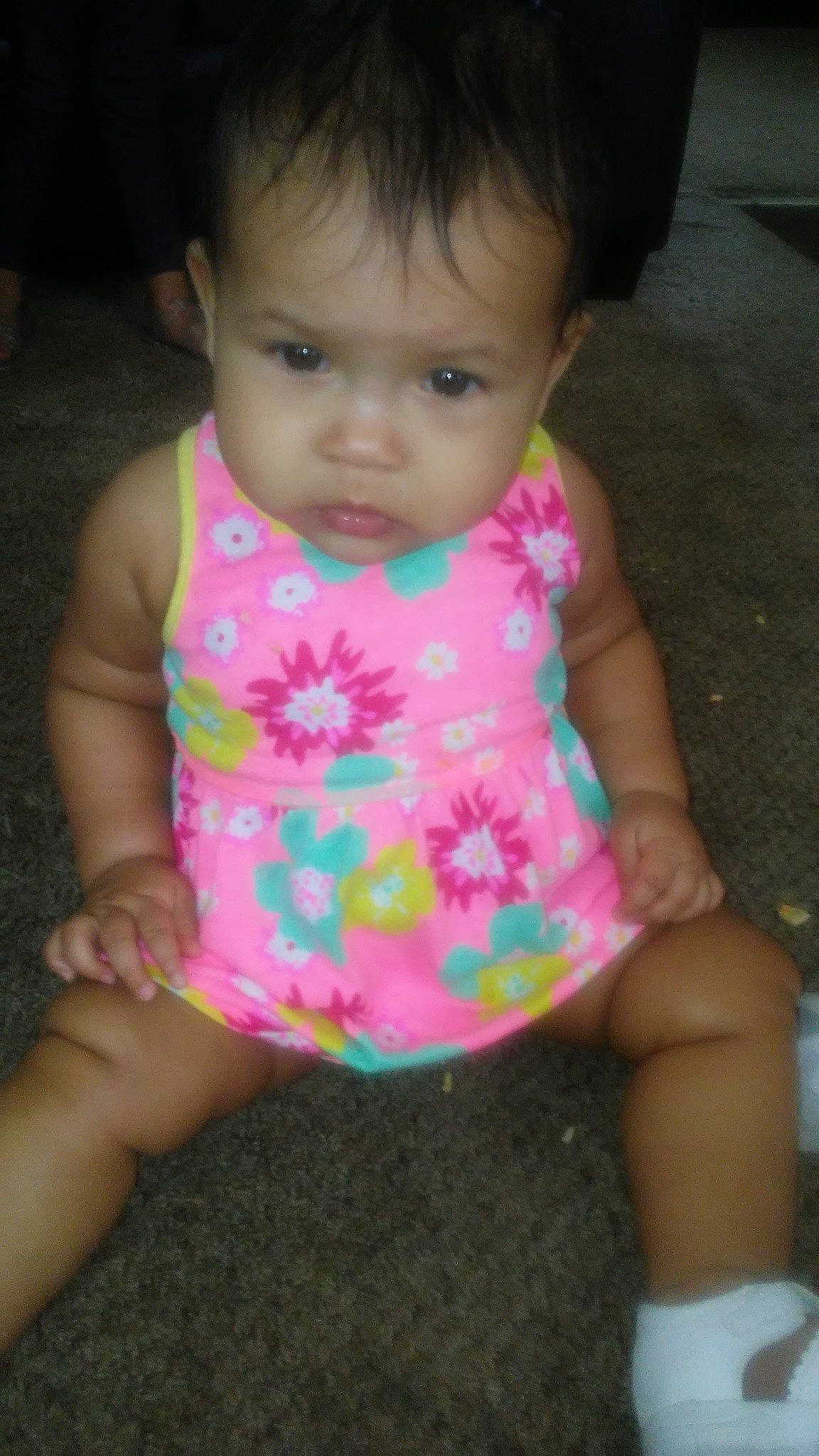 Kamiya is registered to the contest to win money with this photo: arm, black_hair, cheek, child, day, eye, face, girl, hand, head, human_hair_color, infant, iris, leg, mouth, person, pink, play, sitting, skin