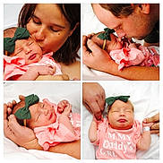 Amy joined the competition — help win amazing prizes! baby, blanket, bow_headband, closeup, collage, family, father, hands, infant, kiss, mother, newborn, parent, pink_onesie, portrait, skin, sleeping, studio, tenderness, tongue_out