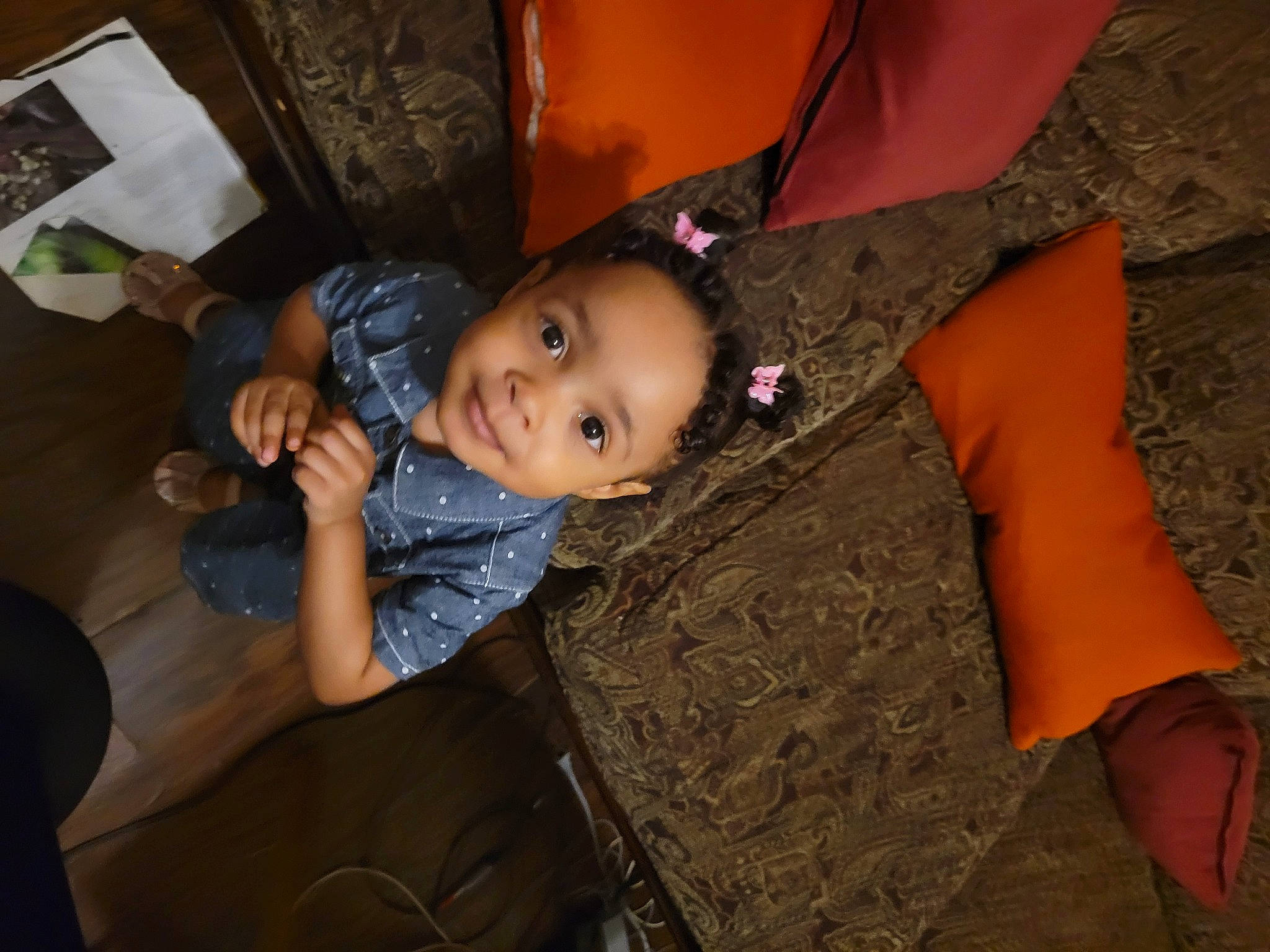 Gianna joined the competition — help win amazing prizes! chair, child, comfort, darkness, event, flash_photography, flooring, formal_wear, fun, hairstyle, human_body, joy, mouth, person, room, sitting, skin, toddler, tree, wood