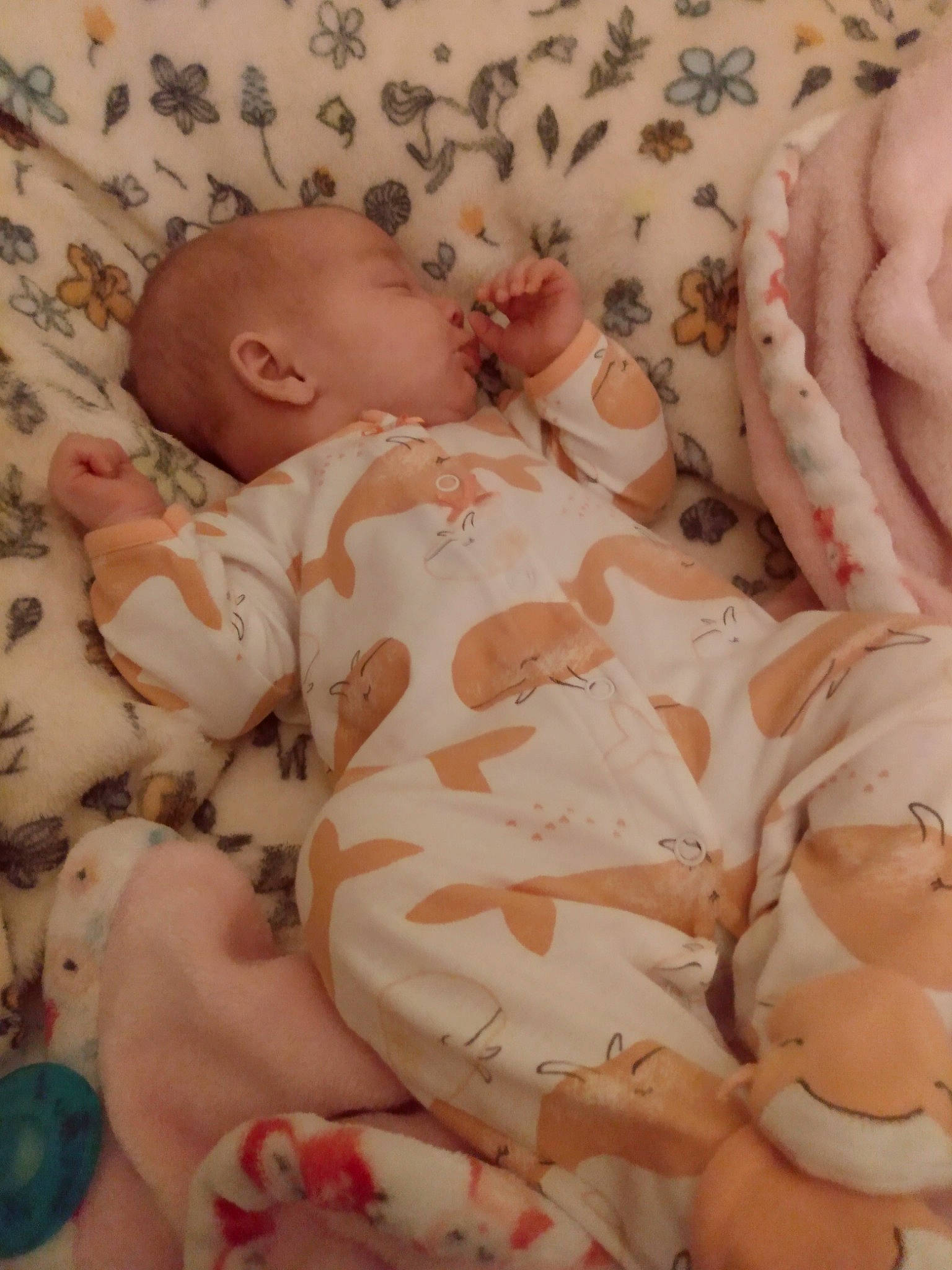 Layla is registered to the contest to win money with this photo: baby, baby_products, baby_sleeping, baby_toddler_clothing, cheek, child, comfort, head, linens, mammal, orange, pattern, peach, person, pink, skin, sleeve, textile, toddler, vertebrate