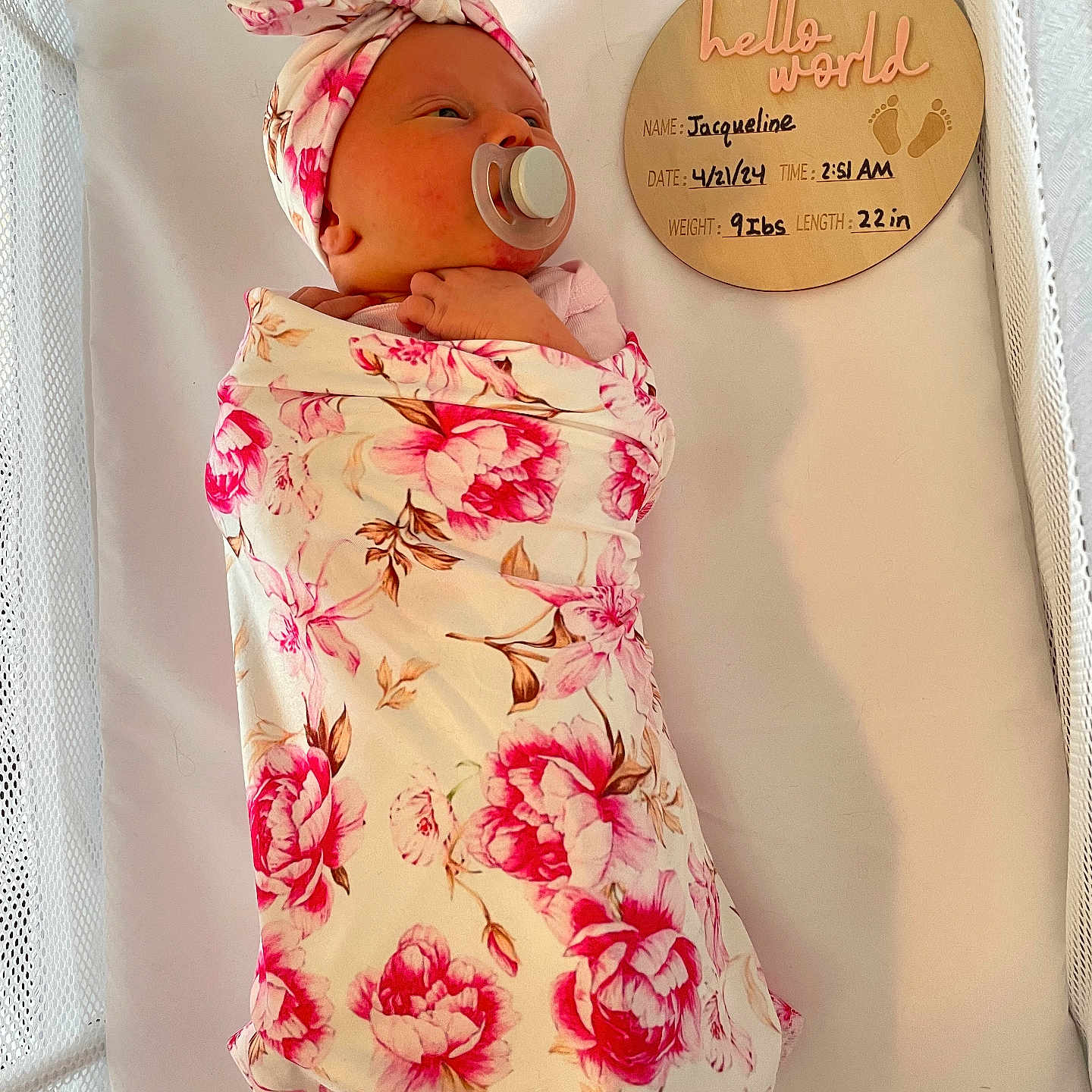Jacqueline joined the competition — help win amazing prizes! baby, bed, blanket, bonnet, clothing, crib, face, furniture, hat, head, infantbed, newborn, person
