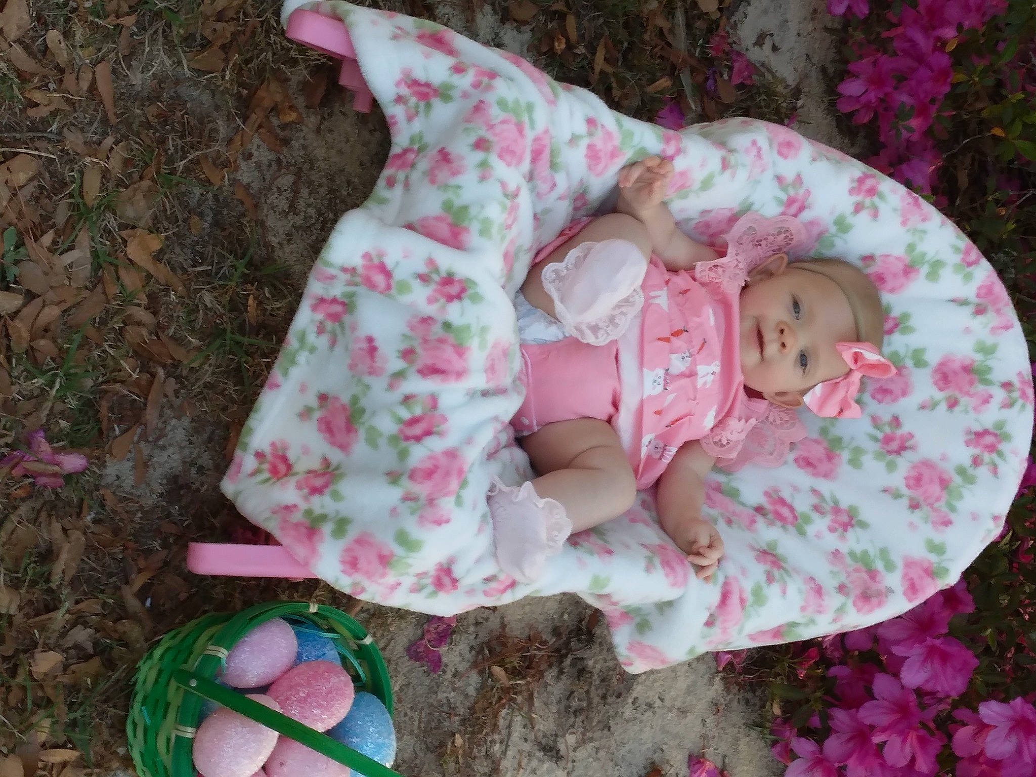 Haylee joined the competition — help win amazing prizes! baby, baby_products, baby_toddler_clothing, child, comfort, fashion_accessory, grass, green, headwear, linens, magenta, pattern, person, petal, pink, sitting, skin, sleeve, sock, textile