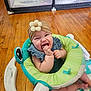 Kendra joined the competition — help win amazing prizes! baby, smiling, headband, flower, baby_seat, wooden_floor, playpen, toes, happy, infant, child, indoor, cute, playtime, blue_clothing, green, white, flooring, toy, home