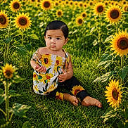 Ana joined the competition — help win amazing prizes! toddler, child, sunflower, field, grass, outdoor, nature, greenery, flower, yellow, summer, cute, barefoot, portrait, sitting, young_child, plants, sunlight, colorful, baby