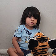 Luis is registered to the contest to win money with this photo: child, toddler, plush_toy, tiger, carpet, indoor, barefoot, blue_shirt, sitting, wall, toy, young_child, person, cute, casual_clothing, home, floor, hair, looking, stuffed_animal