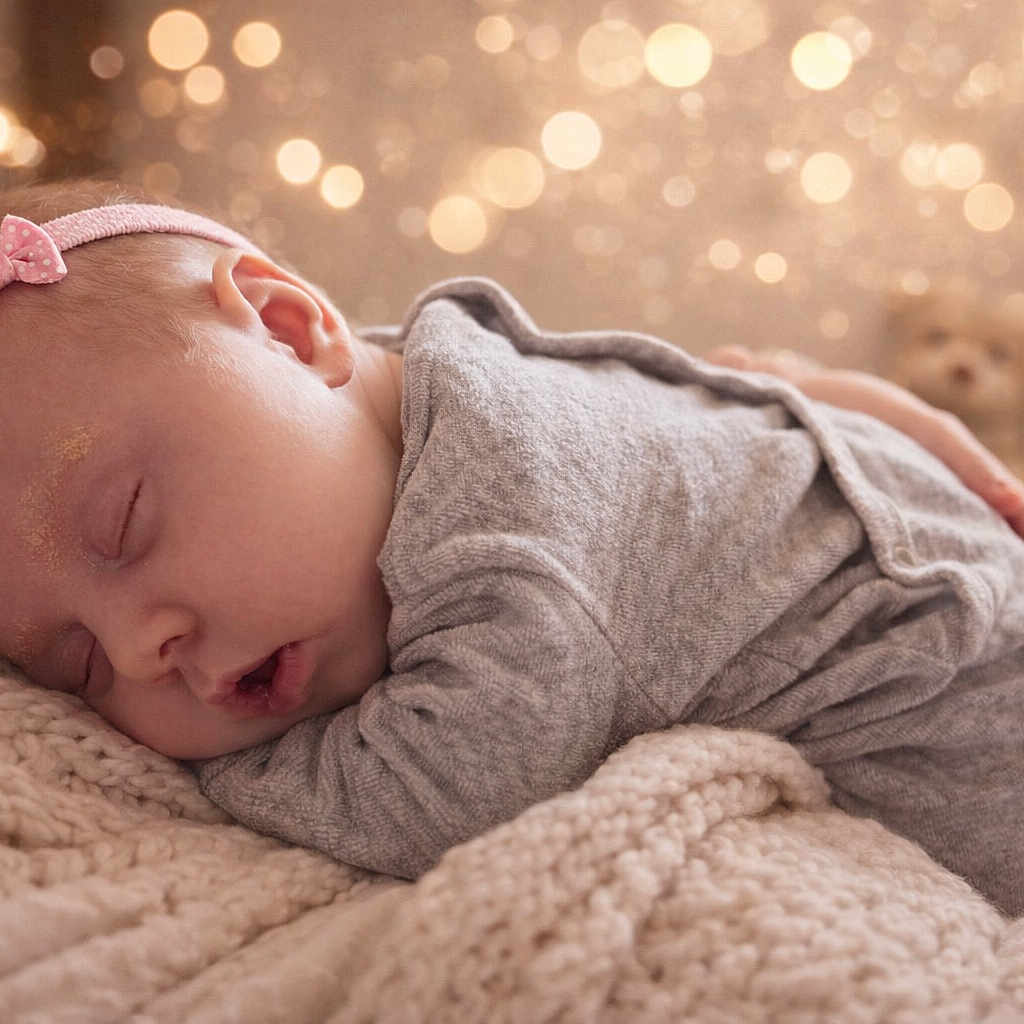 Cinthya participe au concours pour gagner de l'argent avec cette photo : baby, sleeping, headband, pink_bow, gray_pajamas, blanket, knitted, teddy_bear, bokeh, soft_lighting, cozy, infant, cute, peaceful, portrait, indoor, closeup, child, rest, sleep