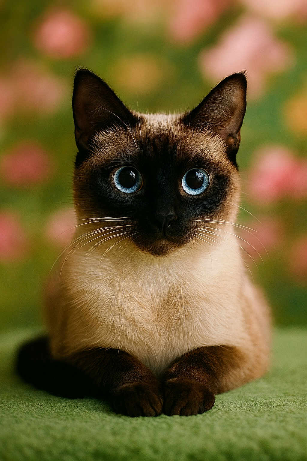 Bounty a rejoint le concours — aidez-le/la à gagner de superbes lots ! cat, siamese_cat, blue_eyes, animal, pet, feline, portrait, close_up, whiskers, ears, fur, paws, resting, indoor, green_background, blurred_background, cute, domestic_animal, sitting, looking