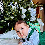 Andrés Torres Jr joined the competition — help win amazing prizes! baby, celebration, child, christmas_tree, curious, cute, decorations, drool, eyes, face, festive, green_outfit, holiday, holiday_gift, home, indoors, infant, portrait, present, white_blanket