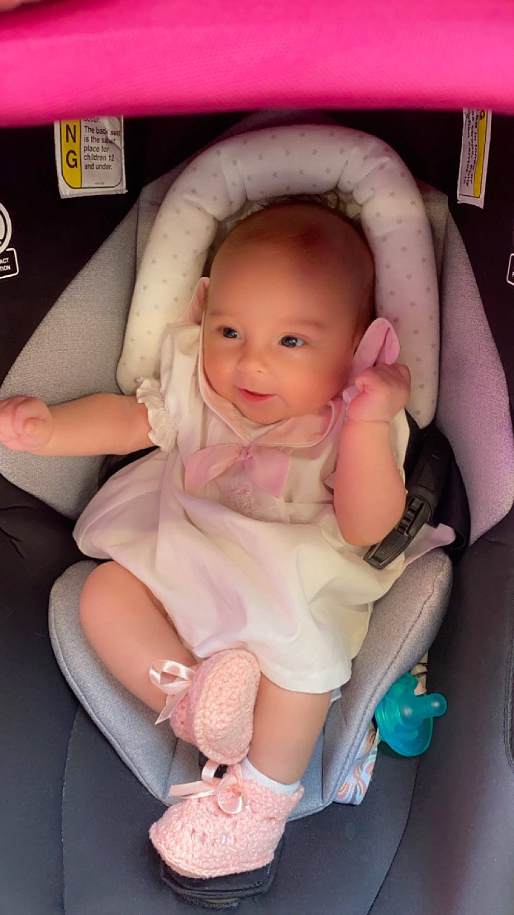 Adaline joined the competition — help win amazing prizes! baby, baby_carriage, baby_toddler_clothing, car_seat, chair, cheek, child, comfort, finger, fun, knee, leg, mouth, nail, person, pink, skin, smile, thigh, thumb