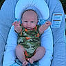 arms, baby, baby_seat, camouflage, child, comfort, cute, expression, face, feet, grass, head_support, infant, legs, onesie, outdoor, person, sitting, skin, young
