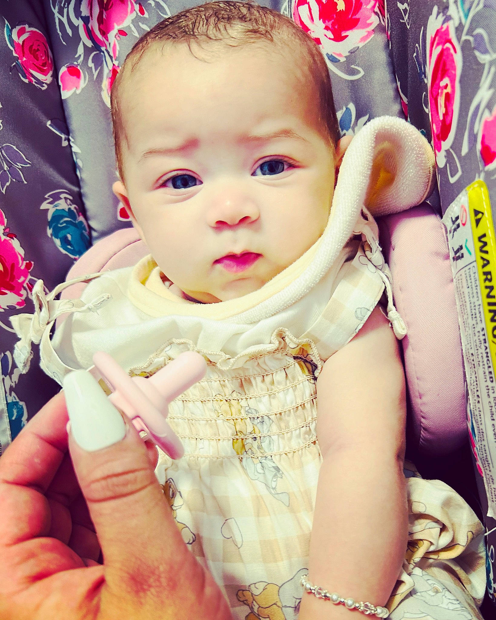 Icelyn is registered to the contest to win money with this photo: baby, baby_toddler_clothing, cheek, cool, ear, eye, eyelash, finger, fun, gesture, happy, head, iris, lip, nail, person, pink, skin, sleeve, thumb