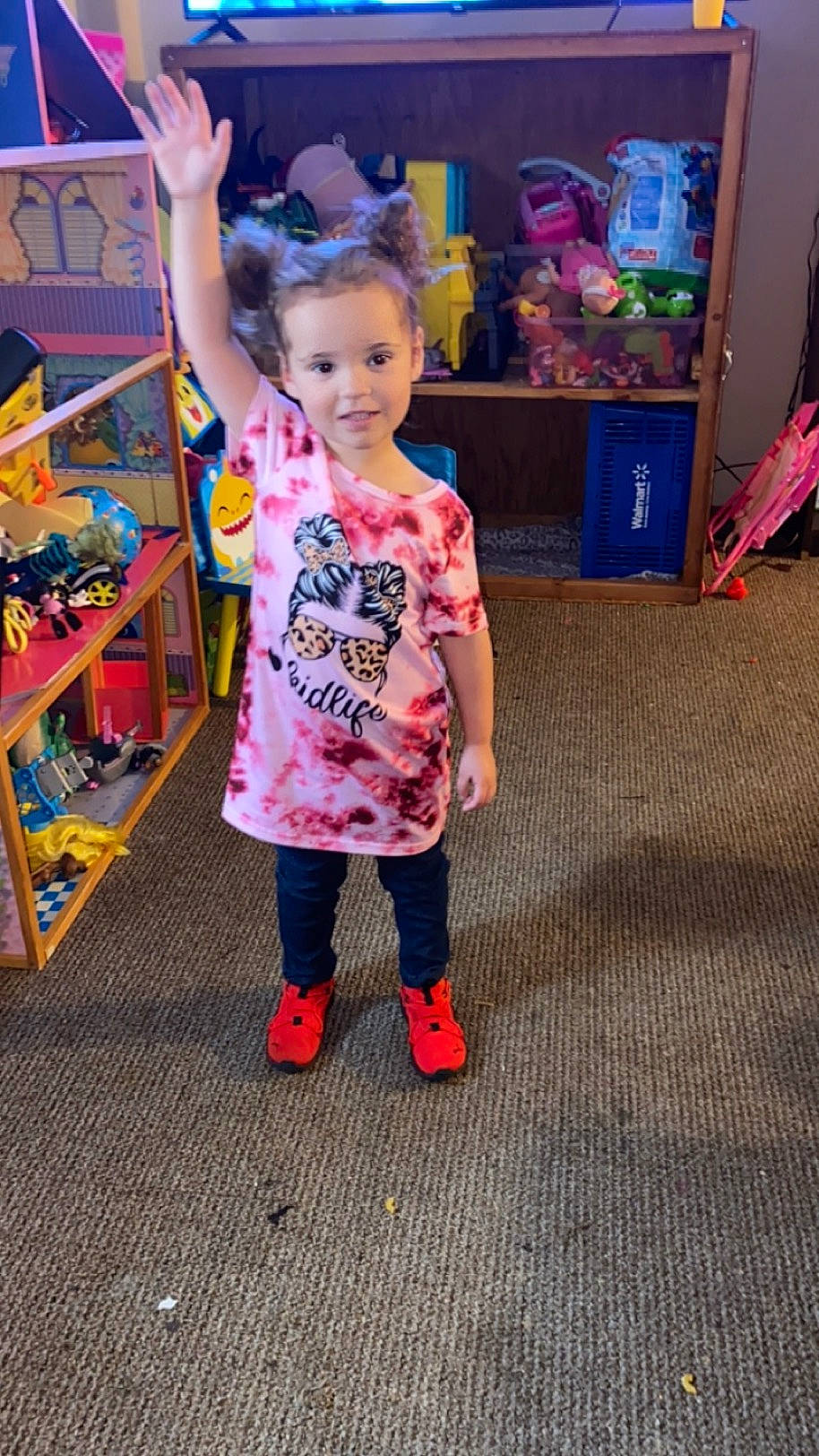 Kaylani joined the competition — help win amazing prizes! baby, box, child, event, flooring, fun, happy, holiday, joy, leisure, magenta, pattern, person, pink, play, shopping, sleeve, smile, t_shirt, toddler