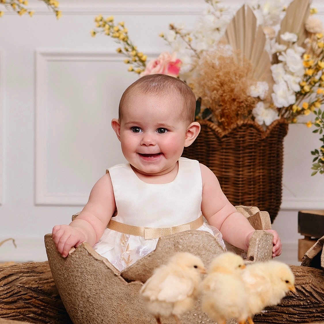 Harley is registered to the contest to win money with this photo: baby, child, dress, chicks, bird, animal, egg, prop, smile, happy, indoor, flower, decoration, basket, cute, portrait, infant, nature, soft, warm_tones