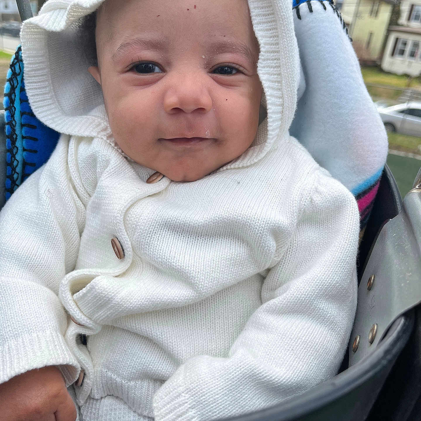 Today joined the competition — help win amazing prizes! baby, bonnet, cap, car, clothing, coat, face, hat, head, hood, jacket, knitwear, machine, person, photography, portrait, sweater, transportation, vehicle, wheel