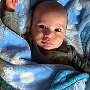 Noah a rejoint le concours — aidez-le/la à gagner de superbes lots ! baby, blanket, blue, polka_dots, face, infant, child, raised_fist, curious, cute, soft_texture, warm, wrapped, lying_down, indoors, portrait, skin, clothing, expression, person