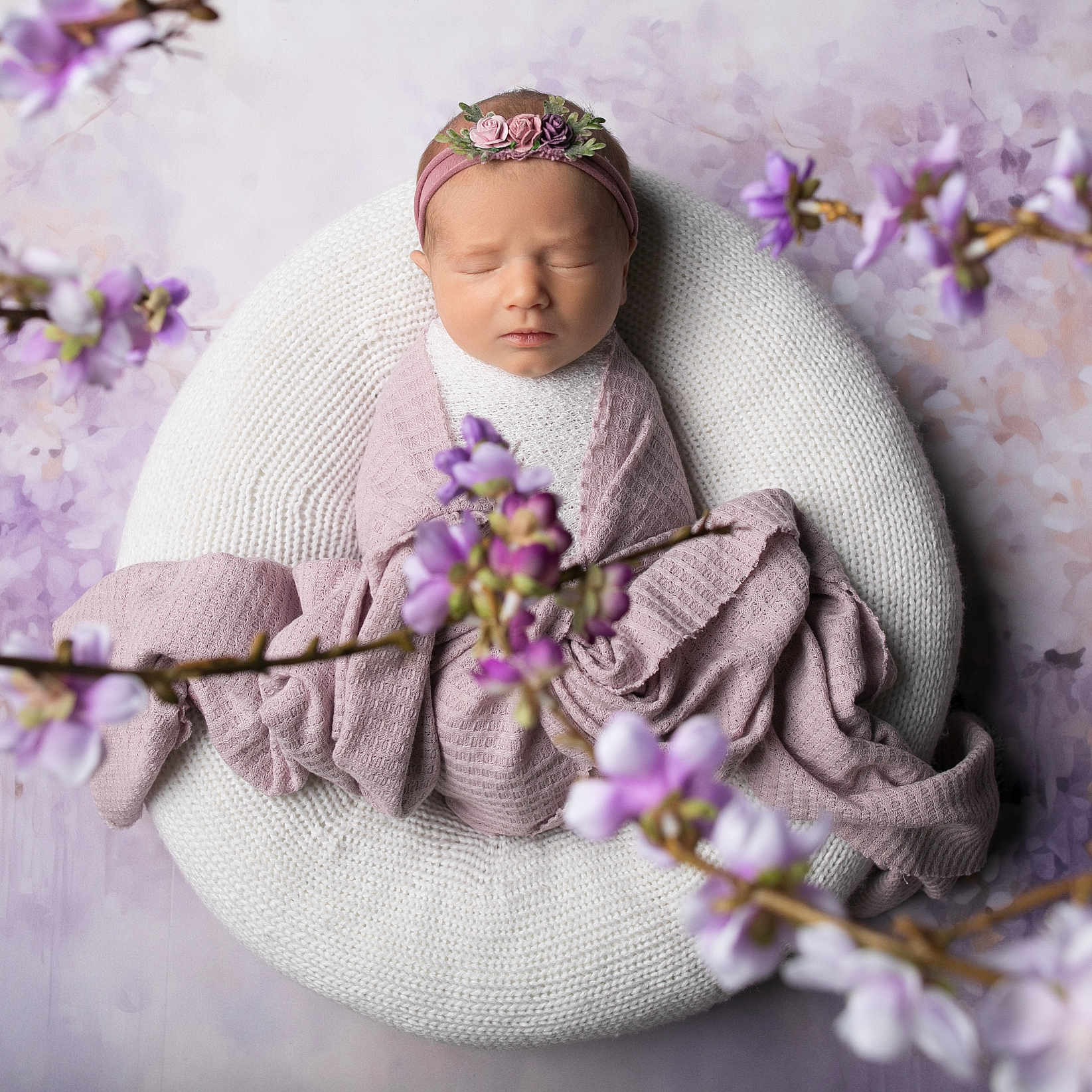 Harper joined the competition — help win amazing prizes! baby, bonnet, cherryblossom, clothing, cushion, face, flower, flowerarrangement, flowerbouquet, furniture, hat, head, newborn, person, petal, photography, plant, portrait, purple, sleeping