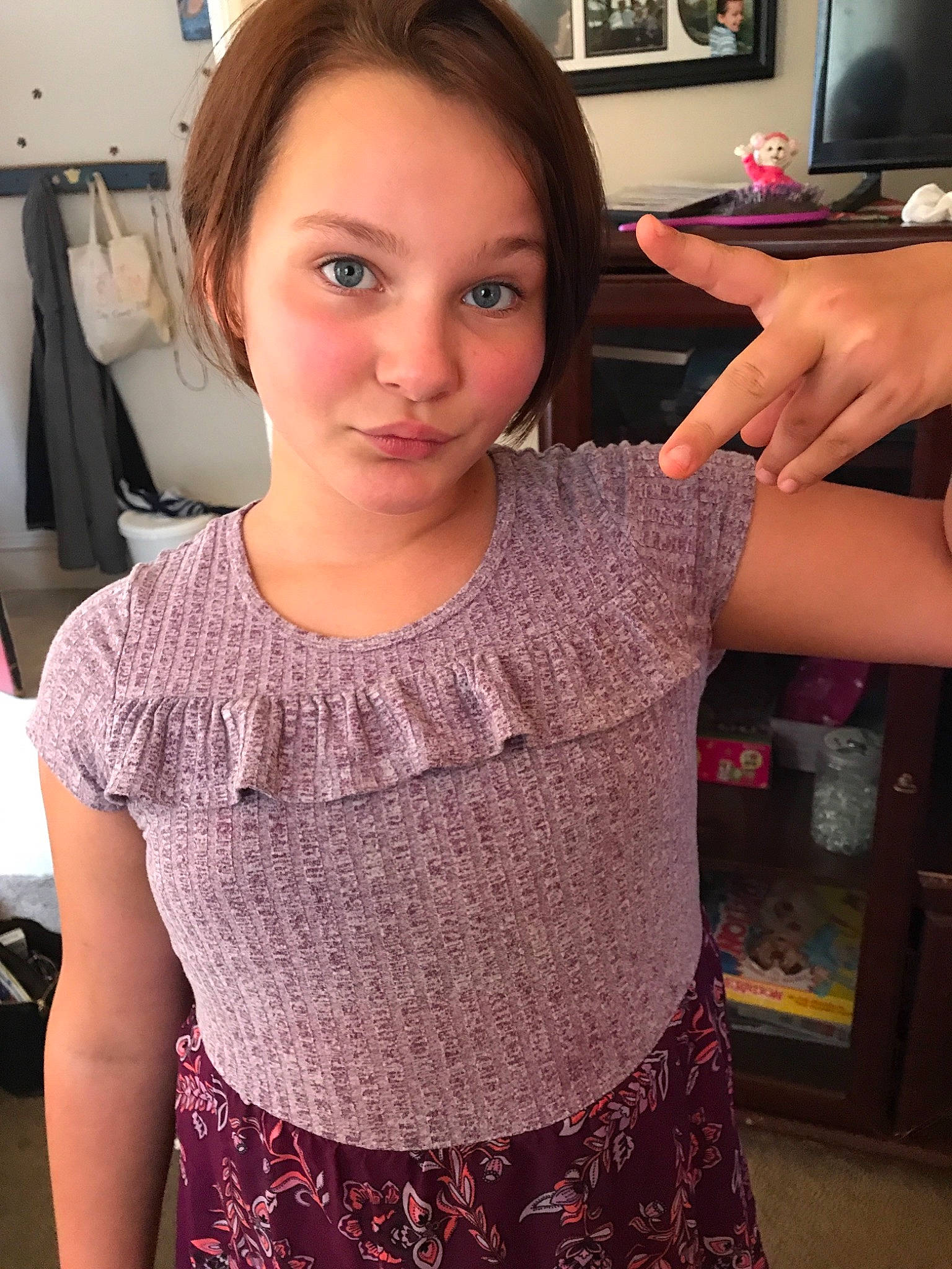 Katelyn joined the competition — help win amazing prizes! arm, blouse, blurred, clothing, dress, face, finger, gesture, hand, joint, lip, long_hair, neck, pattern, person, selfie, shoulder, sleeve, textile, top