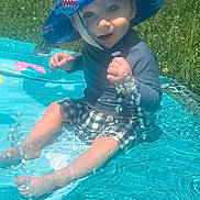 Liam joined the competition — help win amazing prizes! blue, child, clothing, fun, grass, happy, hat, outdoor, playing, pool, shorts, sitting, smile, splashing, summer, sun_hat, sunlight, toddler, water, water_bubbles
