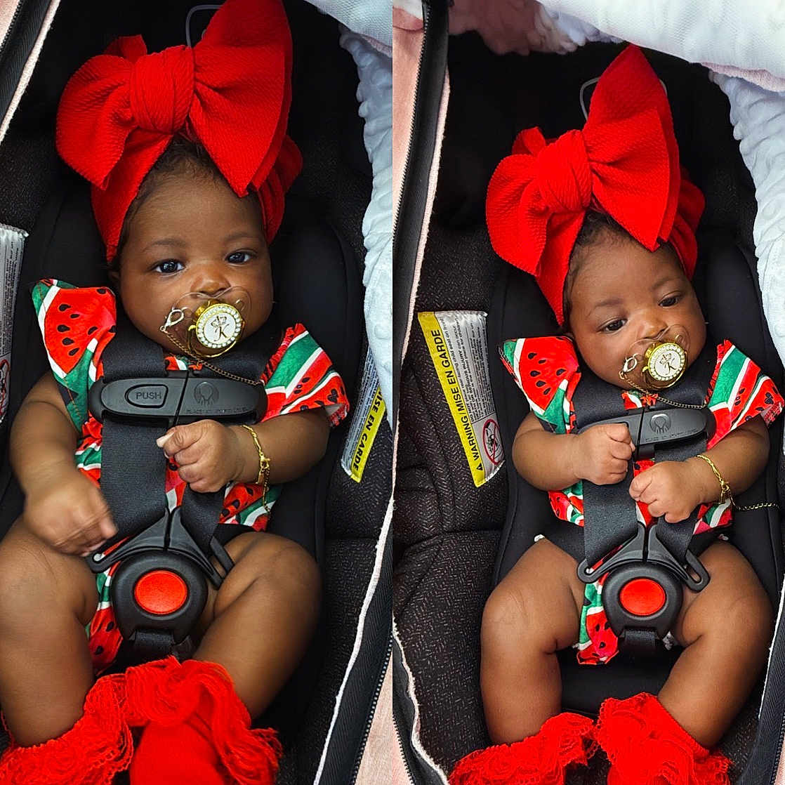 Kalexi joined the competition — help win amazing prizes! adorable, baby, baby_girl, black_hair, bracelet, car_seat, child, closeup, clothing, cute, headband, indoor, infant, pacifier, portrait, red_bow, seatbelt, sitting, socks, watermelon_pattern