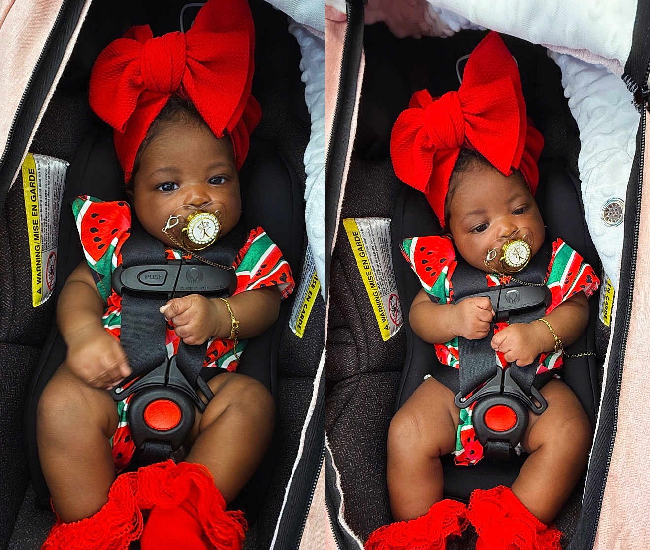 Kalexi joined the competition — help win amazing prizes! baby, car_seat, pacifier, red_bow, watermelon_pattern, infant, clothing, socks, bracelet, cute, child, seatbelt, headband, sitting, indoor, portrait, black_hair, adorable, baby_girl, closeup